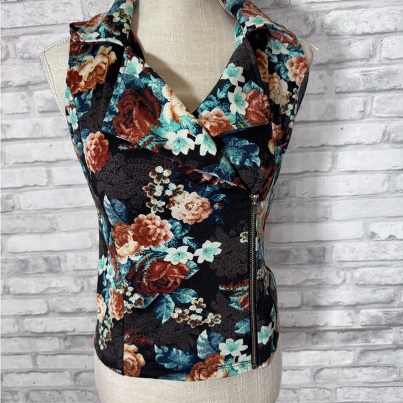Xhilaration Floral Zip-Up Blouse - Black and Teal - Picture 1 of 10